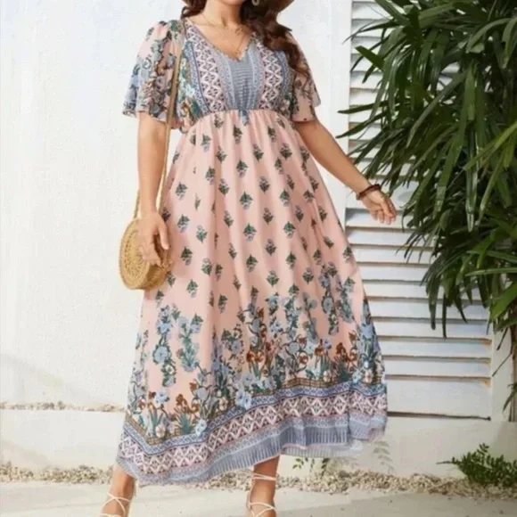 Dresses | Boho Plus Floral Print Butterfly Sleeve Maxi Dress | Poshmark